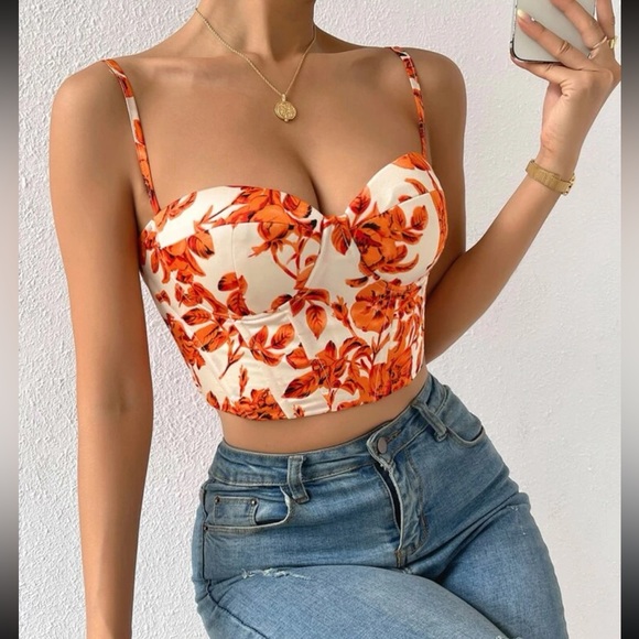 Boho floral print lace up back bustier corset tube satin top - Picture 4 of 16